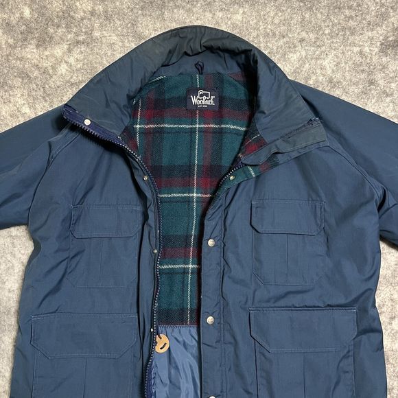 VTG Woolrich Chore Coat Mens L Blue Down Tartan Plaid Flannel Lined Barn Jacket - Picture 11 of 17